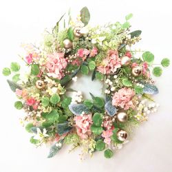 Natural Wreath With Pink And Green Baubles 61cm