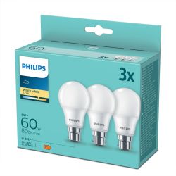 Philips Led 60W Warm White A60 B22 3-Pack