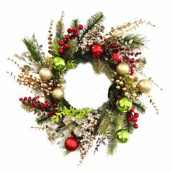 Gold & Red Bauble and Berry Wreath 55cm