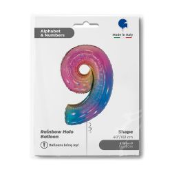 Number 9 Colourful Rainbow Foil Balloon 40"
