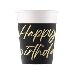 Black & Gold Happy Birthday Party Cups 8 Pack