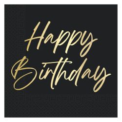 Black & Gold Happy Birthday Napkins 20 Pack