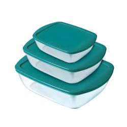 Pyrex 3 pc set glass storage dish with green lid