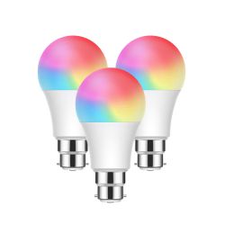 Smart WiFi 9W LED Bulb B22 Base, 2700K-6500K RGB Dimmable Colour Changing, Pack of 3