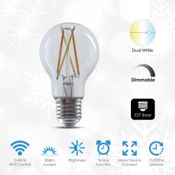 Smart Wi-Fi Filament GLS A60 Bulb 8.5W, CCT Changeable & Dimmable, E27 Base