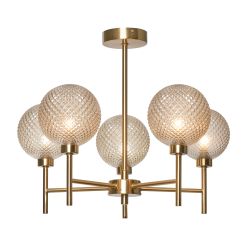 Malo Textured Glass Ball 5 Light Pendant Brass